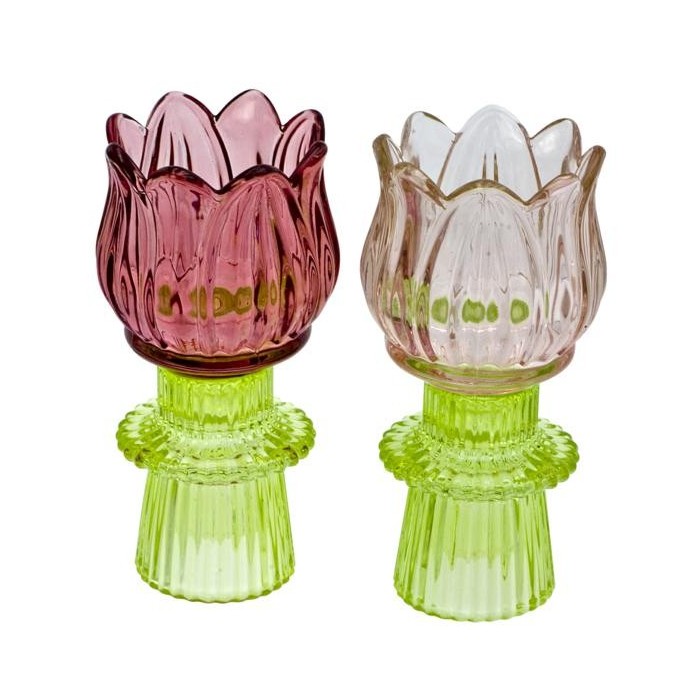 PORTACANDELA VETRO COLORATO FORMA TULIPANO 2COLORI H14